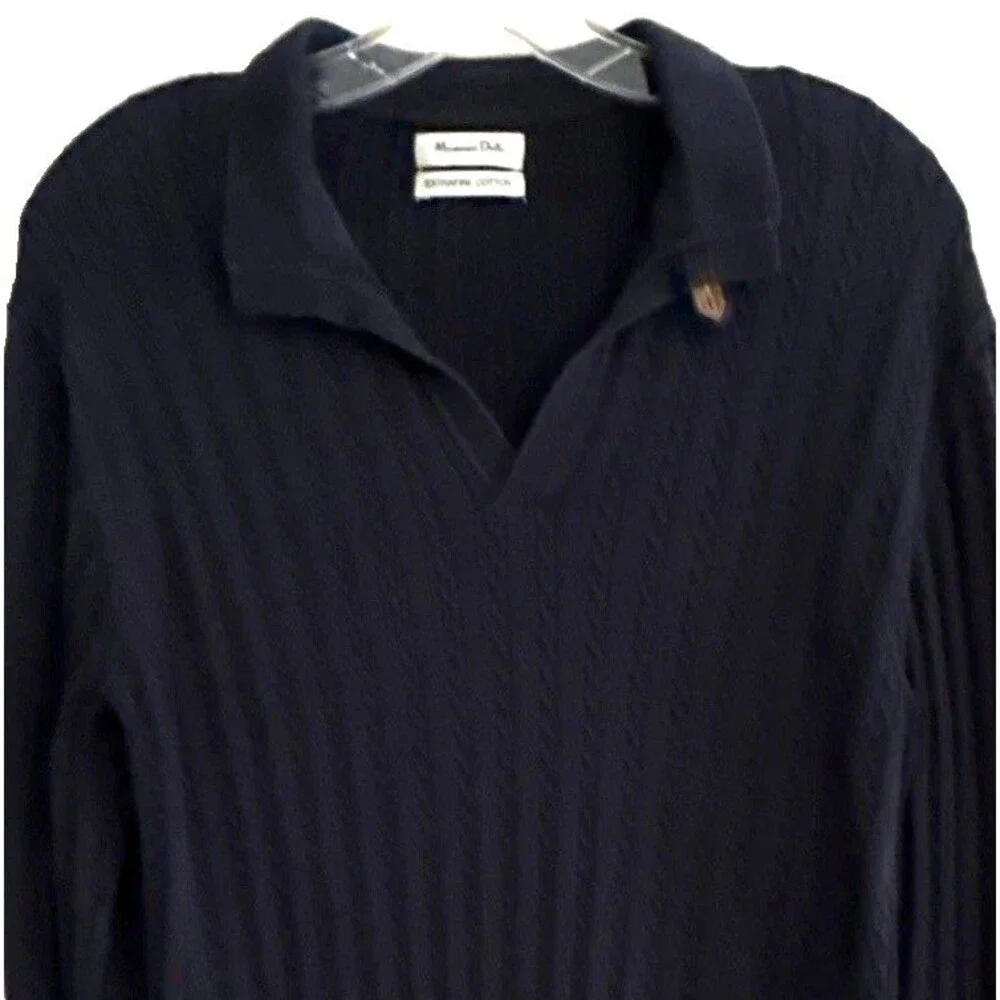 Massimo Dutti Extrafine Cotton Polo Sweater  Mens Sz L Navy Cable Knit Slim Fit